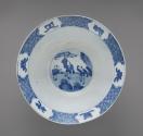 Interior view of white hard-paste porcelain bowl with underglaze blue decoration