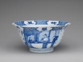 White hard-paste porcelain bowl with underglaze blue decoration, side view showing figures and …