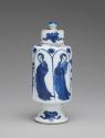Alternate view of white hard-paste porcelain vase with cap-shaped cover and underglaze blue dec…