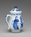 Alternate view of white hard-paste porcelain covered mug with handle and underglaze blue figura…