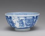 White hard-paste porcelain bowl with underglaze blue figural decoration