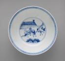 Interior view of white hard-paste porcelain bowl with underglaze blue figural decoration