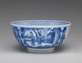 Alternate view of white hard-paste porcelain bowl with underglaze blue figural decoration