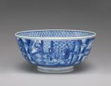 Alternate view of white hard-paste porcelain bowl with underglaze blue figural decoration