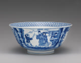 White hard-paste porcelain bowl with underglaze blue figural decoration, side view