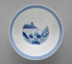 White hard-paste porcelain bowl with underglaze blue figural decoration, interior view