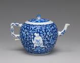 Alternate view of white hard-paste porcelain teapot with underglaze blue decoration