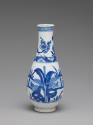 Alternate view of blue and white porcelain vase depicting flowers and standing figures