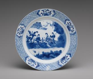 Blue and white porcelain plate with three figures