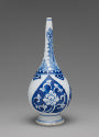 Alternate view of blue and white porcelain jar with plant design and slender neck