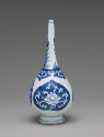 Alternate view of blue and white porcelain jar with plant design and slender neck