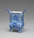 Alternate view of blue and white incense burner