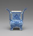 Alternate view of blue and white porcelain incense burner 