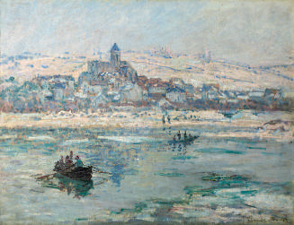 oil painting of a river in winter with a cityscape and snow-covered mountains in the background