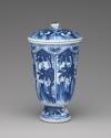 Alternate view of blue and white porcelain beaker and cover