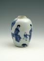 White hard-paste porcelain small jar with underglaze blue figural and landscape decoration, alt…