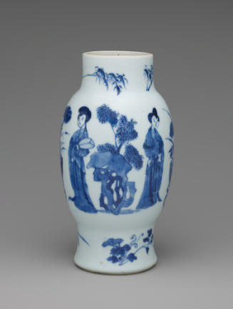 White hard-paste porcelain vase with underglaze blue figural decoration