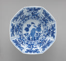 Interior view of blue and white porcelain octagonal form bowl with floral amd vegetal decoratio…