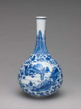 Blue and white porcelain bottle-shaped vase decorated with a landscape