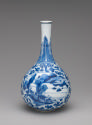 Alternate view of blue and white porcelain bottle-shaped vase decorated with a landscape