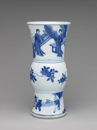 Blue and white porcelain beaker vase depicting figures in a landscape