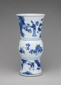 Alternate view of blue and white porcelain beaker vase depicting figures in a landscape