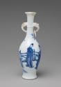 Alternate view of blue and white porcelain bottle-shaped vase with handles decorated with figur…