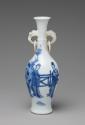 Blue and white porcelain bottle-shaped vase with handles decorated with figures in a landscape