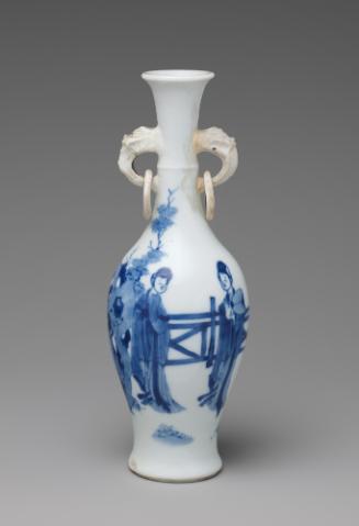 Blue and white porcelain bottle-shaped vase with handles decorated with figures in a landscape