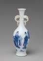 Alternate view of blue and white porcelain bottle-shaped vase with handles decorated with figur…