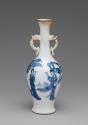 Blue and white porcelain bottle-shaped vase with handles decorated with figures in a landscape