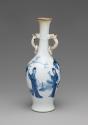 Alternate view of blue and white porcelain bottle-shaped vase with handles decorated with figur…