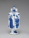 White hard-paste porcelain vase with cap-shaped cover and underglaze blue decoration