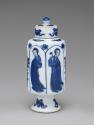 Alternate view of white hard-paste porcelain vase with cap-shaped cover and underglaze blue dec…