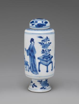 White hard-paste porcelain jar with lid and underglaze blue decoration