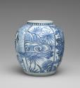 Alternate view of blue and white porcelain melon shaped jar