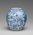 Blue and white porcelain melon shaped jar with seated male figure