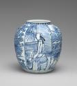 Alternate view of blue and white porcelain melon shaped jar with seated male figure