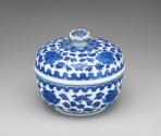 Alternate view of blue and white porcelain bowl with cover, floral design