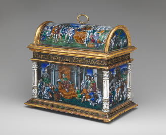Front view of casket in polychrome enamel and gilt bronze with scenes from the Story of Joseph