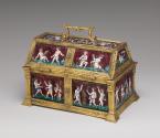 Alternate view of enameled and gilt copper Casket with scenes depicting Putti and Mottoes of Co…