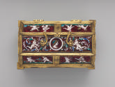 Top view of enameled and gilt copper Casket with scenes depicting Putti and Mottoes of Courtly …