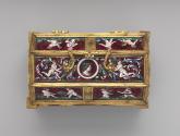 Top view of enameled and gilt copper Casket with scenes depicting Putti and Mottoes of Courtly …