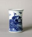 White hard-paste porcelain Pi-tung (brush holder) with underglaze blue dragon decoration