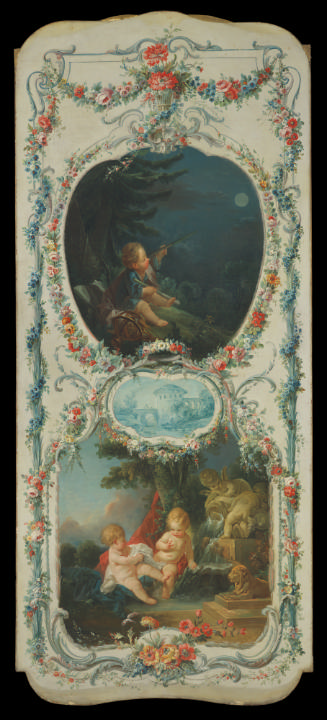 oil painting of two scenes surrounded by a decorative border - one scene depicts a child gazing…