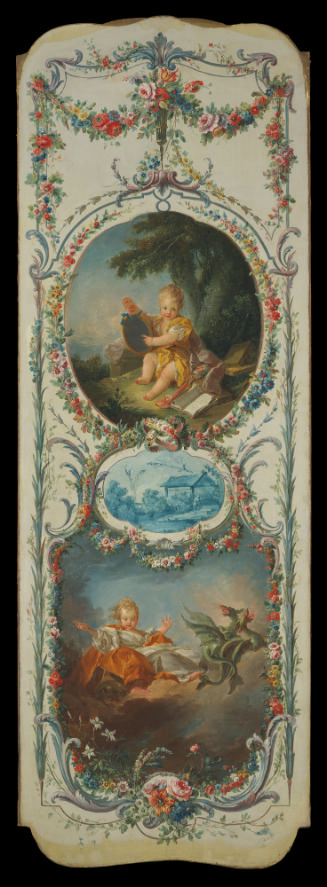 oil painting of two scenes surrounded by a decorative border - one scene depicts a child holdin…