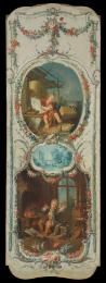 oil painting of two scenes surrounded by a decorative border - one scene depicts a child surrou…