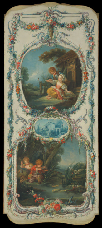 oil painting of two scenes surrounded by a decorative border - one scene depicts two children f…