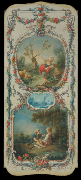 oil painting of two scenes surrounded by a decorative border - one scene depicts a child holdin…