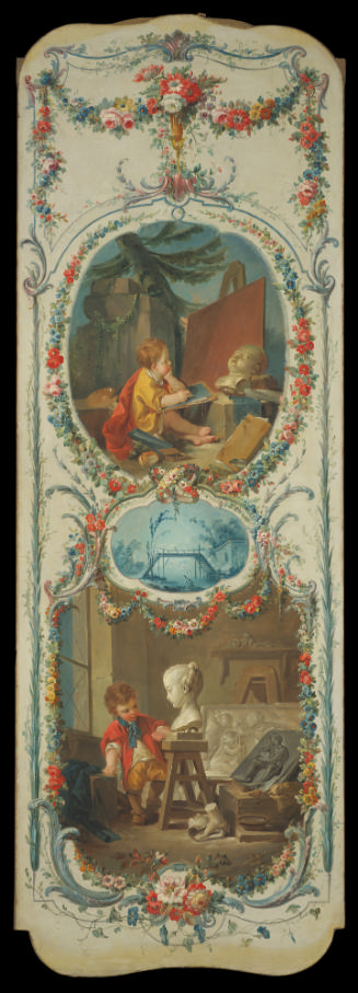 oil painting of two scenes surrounded by a decorative border - one scene depicts a child painti…